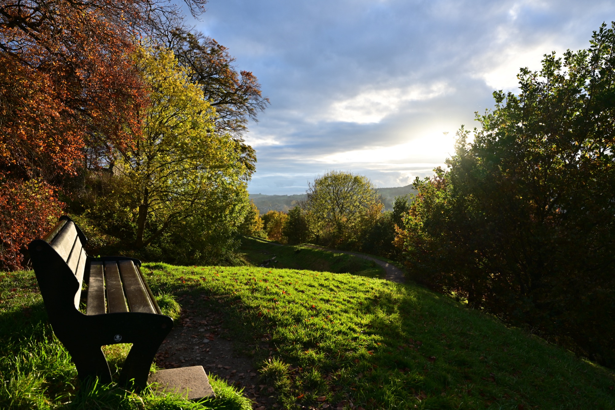 Bench on a hillside path above Kendal in autumn light