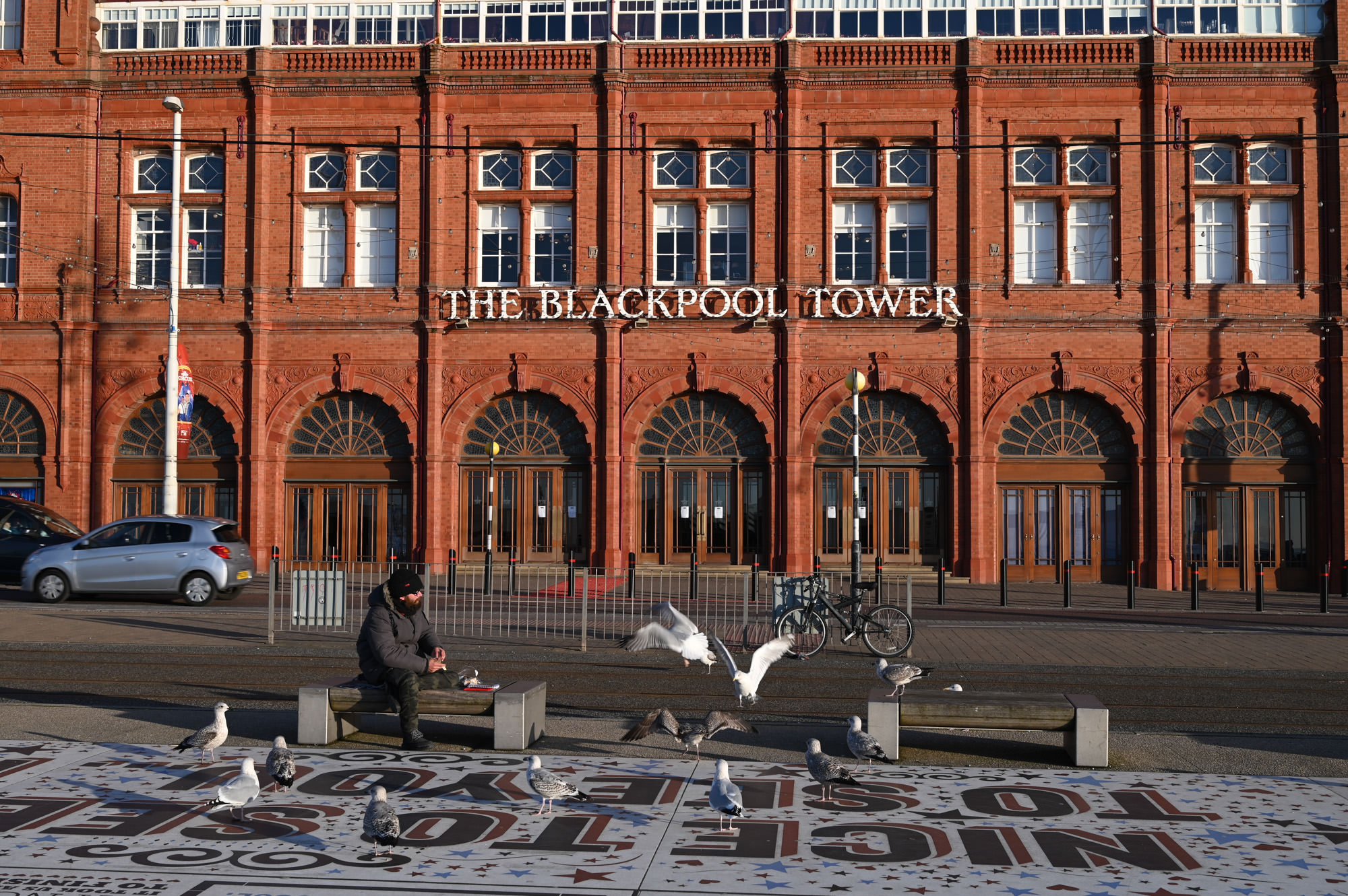 A man feeds the pigeons outside Blackpool Tower
